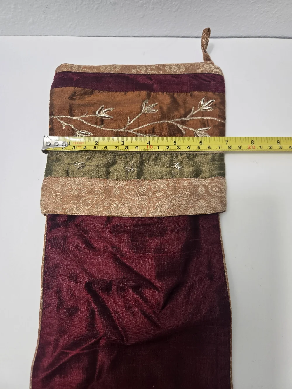 Crate & Barrel Velvet Stocking in Burgundy with Embroidered Cuff